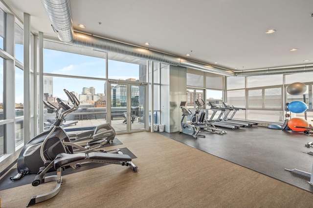 gym with floor to ceiling windows and plenty of natural light