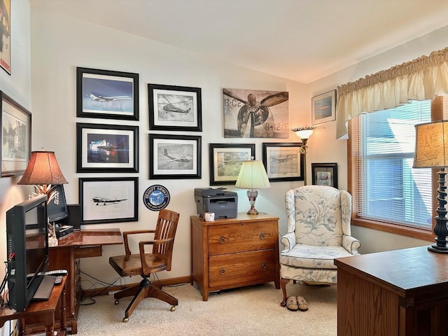 home office with carpet flooring