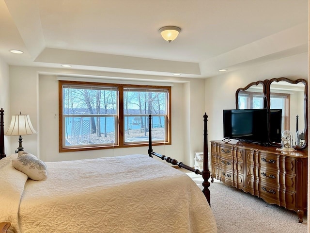 carpeted bedroom featuring a tray ceiling