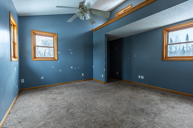 unfurnished room with carpet floors, a wealth of natural light, vaulted ceiling, and a textured ceiling