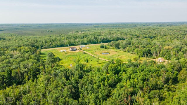 drone / aerial view with a wooded view