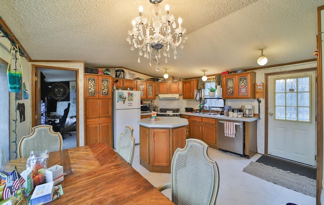 kitchen featuring lofted ceiling, a sink, exhaust hood, light countertops, and appliances with stainless steel finishes