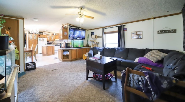 living room featuring visible vents, a ceiling fan, light colored carpet, lofted ceiling, and a textured ceiling