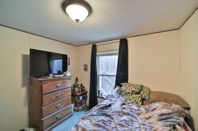 carpeted bedroom with a textured ceiling