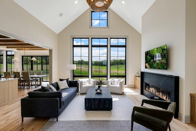 living room featuring high vaulted ceiling, a high end fireplace, light hardwood / wood-style floors, and plenty of natural light