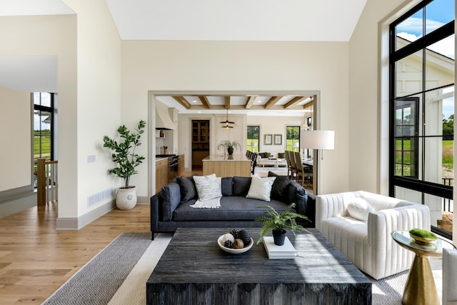 living room with light hardwood / wood-style flooring, a wealth of natural light, ceiling fan, and beamed ceiling