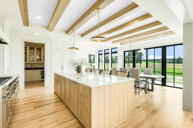 kitchen with pendant lighting, sink, light hardwood / wood-style flooring, a spacious island, and light stone countertops