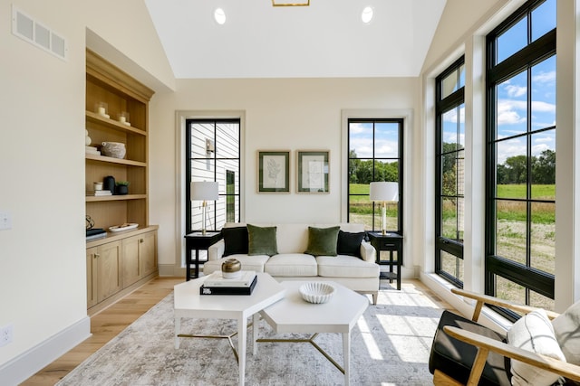 living room with lofted ceiling, light hardwood / wood-style flooring, and a wealth of natural light