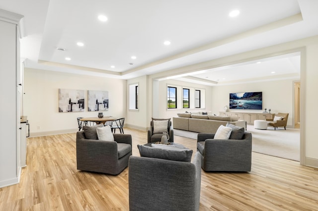 living room featuring light hardwood / wood-style flooring and a raised ceiling