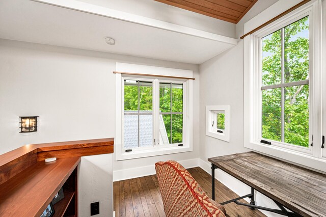 office area featuring lofted ceiling and dark hardwood / wood-style floors