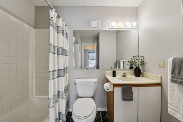 full bathroom with toilet, vanity, shower / bath combo, and a textured ceiling