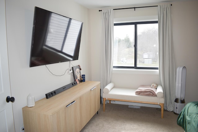 living area with light colored carpet