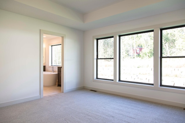 unfurnished bedroom with light colored carpet, connected bathroom, and multiple windows