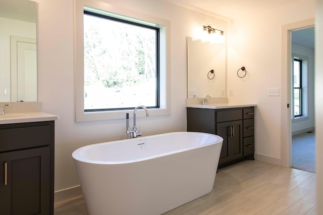 bathroom with a tub to relax in, vanity, and wood-type flooring