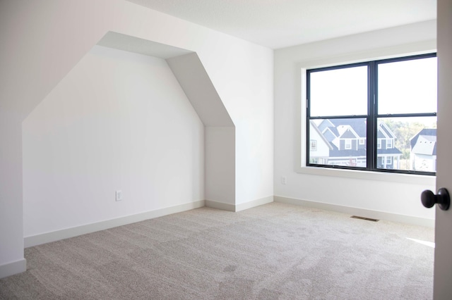 additional living space with light carpet, vaulted ceiling, and a healthy amount of sunlight