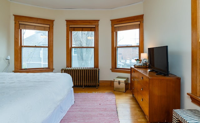 bedroom with radiator, light hardwood / wood-style floors, and multiple windows