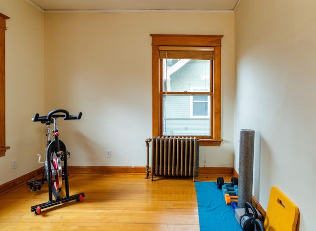 workout room with hardwood / wood-style floors, radiator heating unit, and crown molding