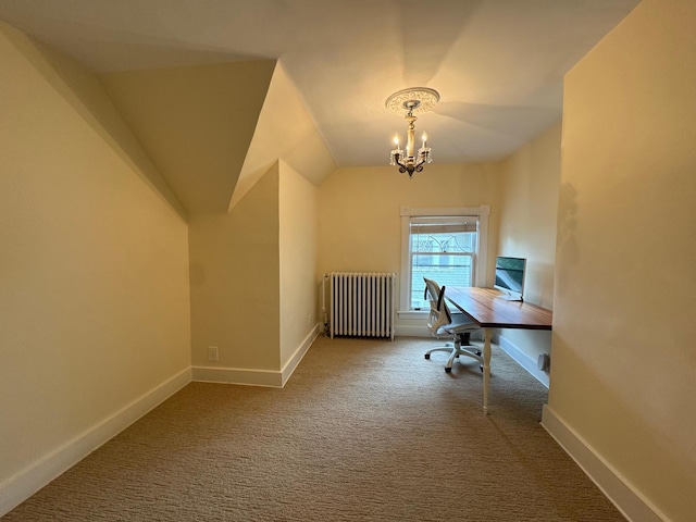 unfurnished office with carpet floors, radiator heating unit, lofted ceiling, and a chandelier