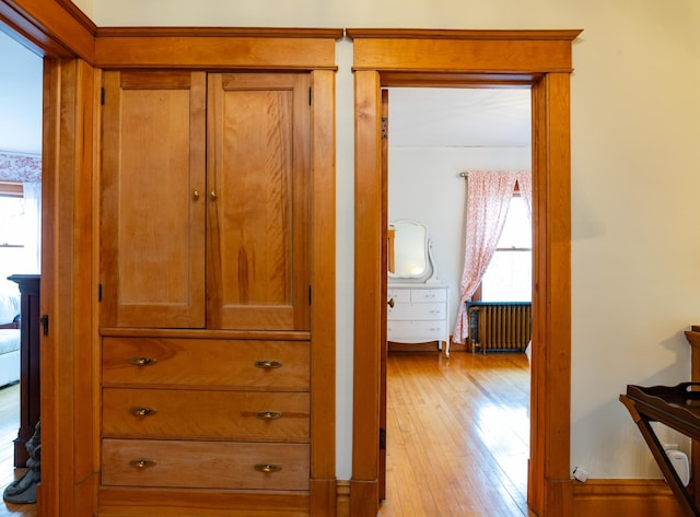 interior space with light hardwood / wood-style flooring, radiator, and a healthy amount of sunlight