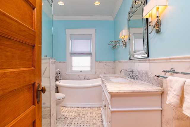 bathroom with a bathtub, toilet, tile walls, ornamental molding, and vanity