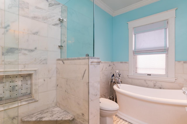 bathroom with a tub, toilet, tile walls, and ornamental molding