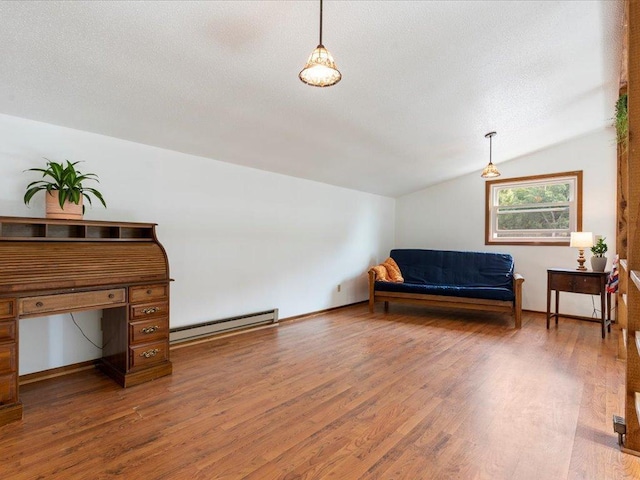 bedroom featuring hardwood / wood-style flooring, vaulted ceiling, and a baseboard radiator