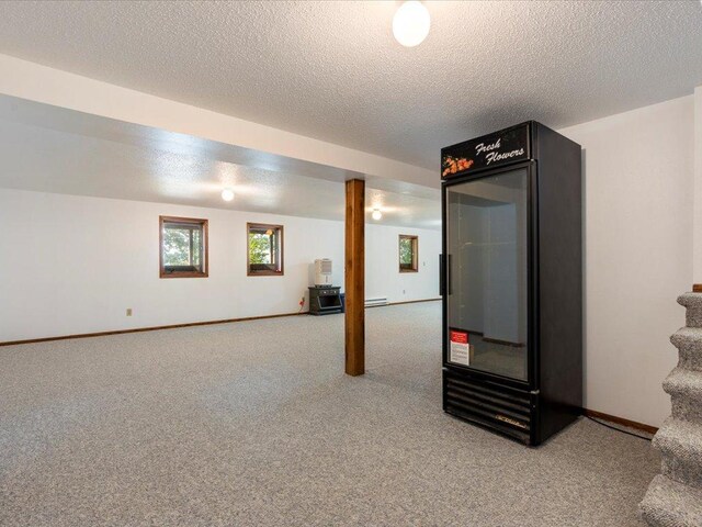 basement featuring carpet and a textured ceiling