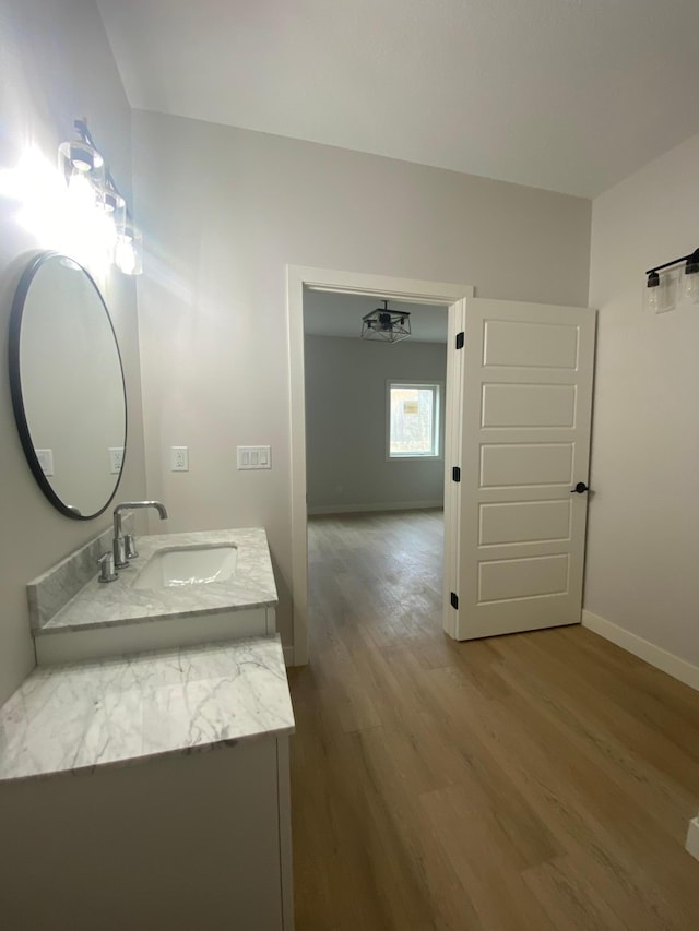 bathroom with wood-type flooring and vanity