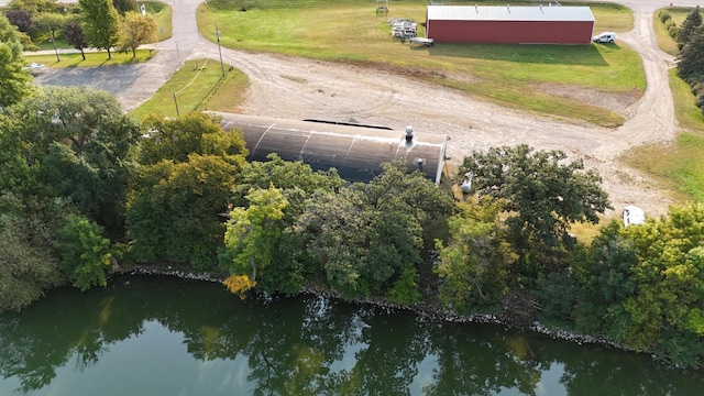 drone / aerial view featuring a water view and a rural view