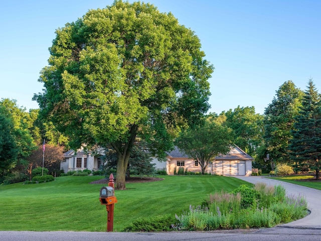 view of front of property featuring a garage and a front lawn