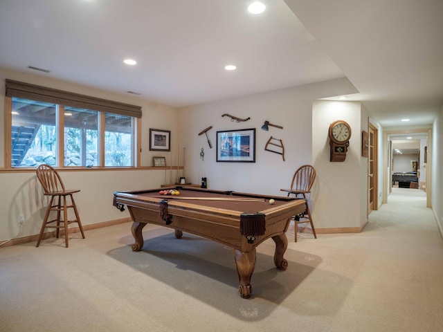 recreation room with light colored carpet and billiards