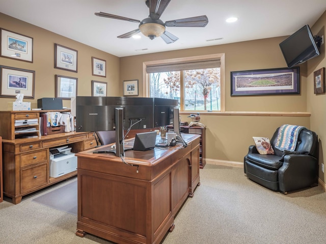 home office with light colored carpet and ceiling fan