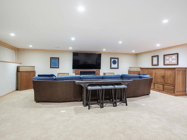 living room with light colored carpet and ornamental molding