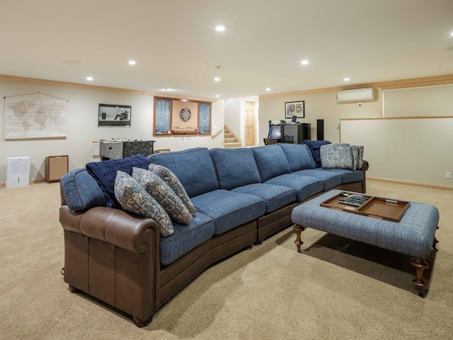 living room with a wall mounted air conditioner, light colored carpet, and ornamental molding