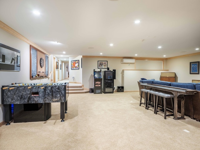 recreation room with light carpet, an AC wall unit, and crown molding