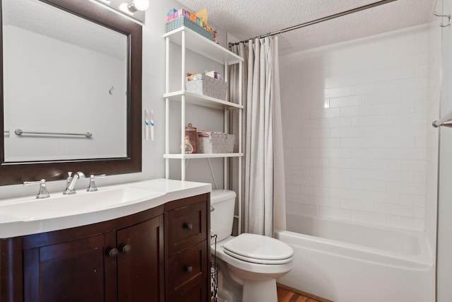 full bathroom with shower / tub combo, toilet, a textured ceiling, vanity, and hardwood / wood-style floors