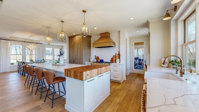 kitchen featuring premium range hood, sink, pendant lighting, light hardwood / wood-style flooring, and white cabinets