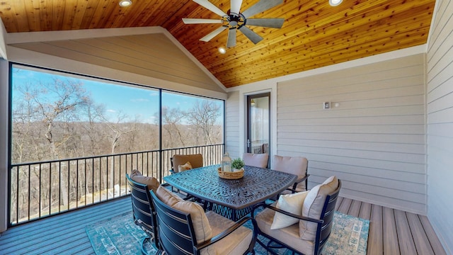 unfurnished sunroom with ceiling fan, lofted ceiling, and wood ceiling