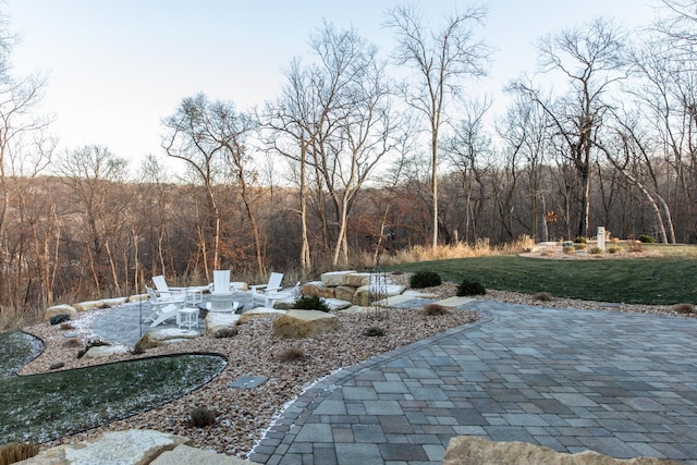 view of yard with a patio area and an outdoor fire pit