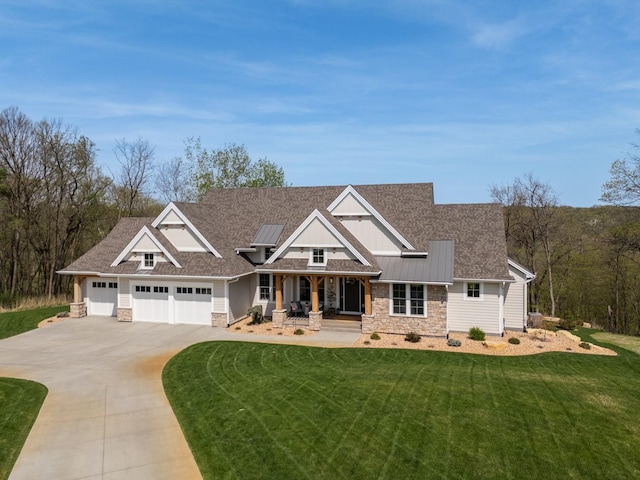 6349 Merilane Pl NW, Rochester, MN 55901 - craftsman inspired home with stone siding, a porch, concrete driveway, a front yard, and an attached garage