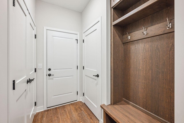 mudroom with dark hardwood / wood-style floors