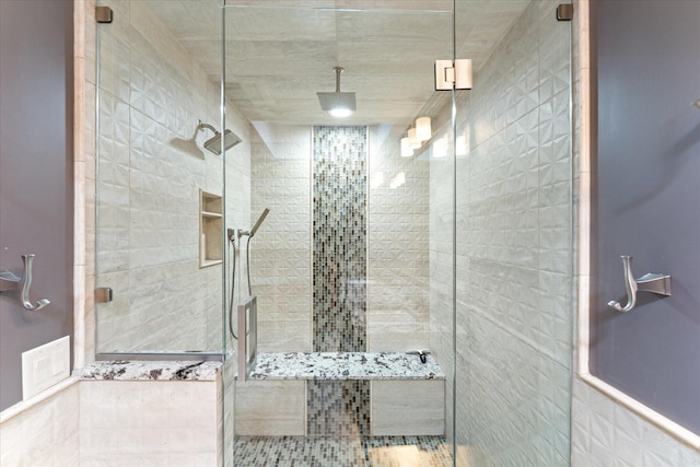 bathroom featuring a shower with shower door