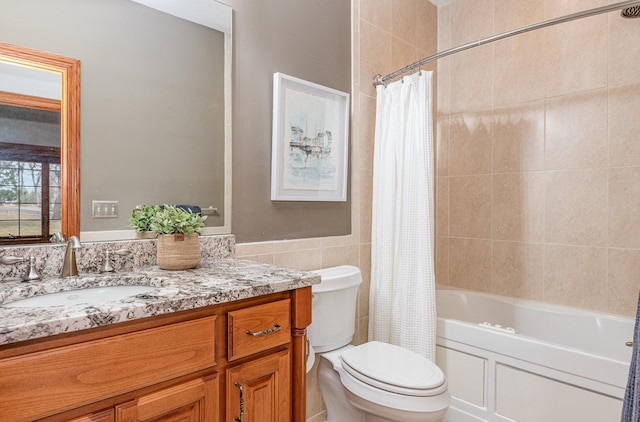 full bathroom featuring vanity, tile walls, shower / tub combo, and toilet