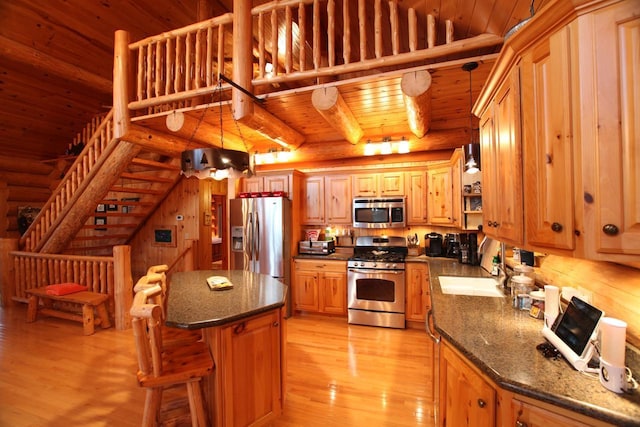 kitchen featuring light hardwood / wood-style flooring, stainless steel appliances, wooden ceiling, and hanging light fixtures