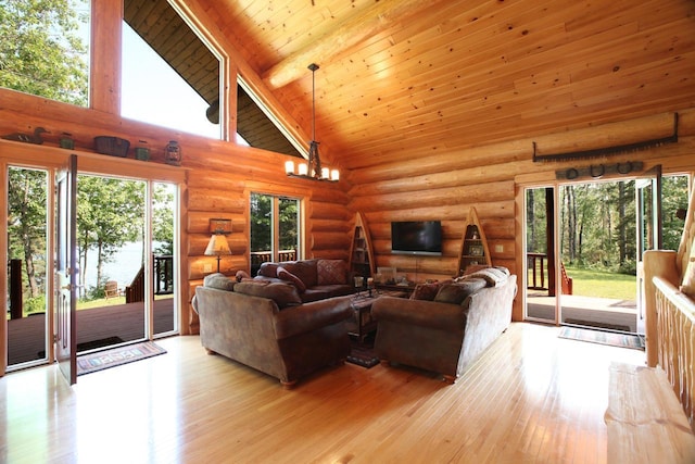 living room featuring log walls, high vaulted ceiling, a notable chandelier, light wood-type flooring, and wood ceiling