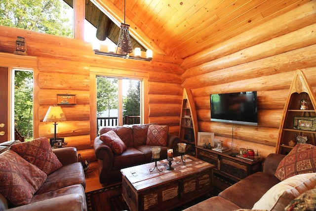 living room with log walls and wooden ceiling