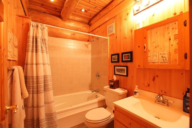 full bathroom with wood walls, shower / bath combo with shower curtain, vanity, wood ceiling, and toilet