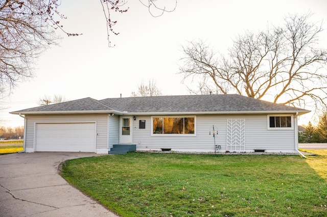 single story home with a garage and a front yard