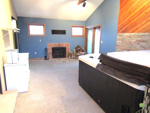 living room with lofted ceiling and wooden walls