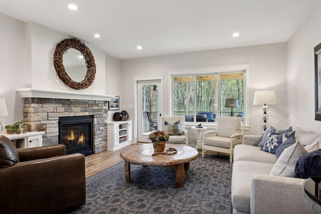 living room featuring a stone fireplace and wood-type flooring